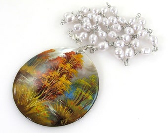 Hand Painted Landscape Necklace, Shell and Freshwater Pearl Necklace, Artisan Handmade Carol Murray Jewelry Necklace (NK 110)