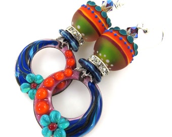 Festive Carnival Earrings, Colorful Artisan Enamel and Lampwork Glass Earrings, Handmade Carol Murray Jewelry Beaded Earrings (ER 514)