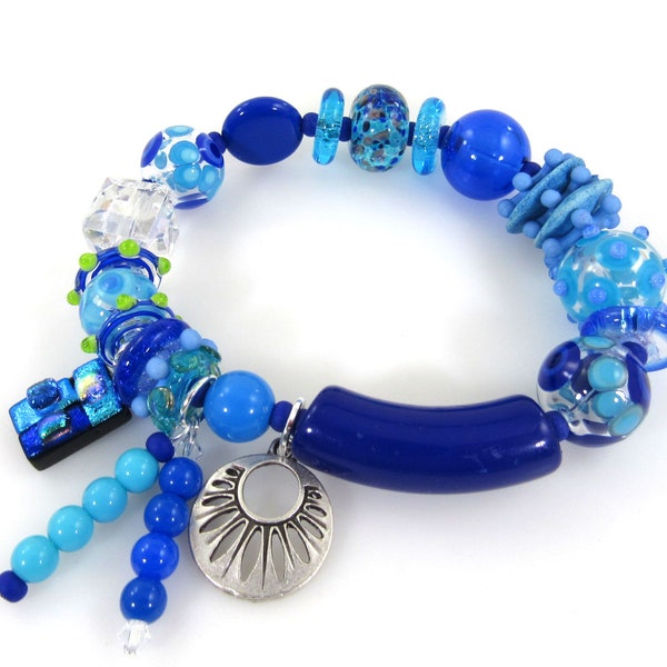 Blue Artisan Lampwork Glass Bracelet, Contemporary Handmade Stretch Bracelet, Charming Carol Murray Jewelry Beaded Bracelet (BR 135)