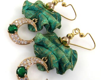 Handmade Crescent Moon Dangle Earrings, Green Polymer Leaf, Crystal Charms