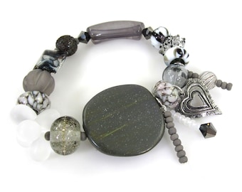 Artisan Lampwork Glass Bracelet, Gray Contemporary Mixed Bead Stretch Bracelet, Handmade Carol Murray Jewelry Beaded Bracelet (BR 228)