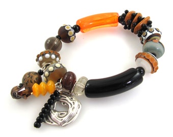 Colorful Artisan Lampwork Glass Bracelet, Tribal Bracelet Gemstone Stretch Bracelet, Handmade Carol Murray Jewelry Bead Bracelet (BR 324)