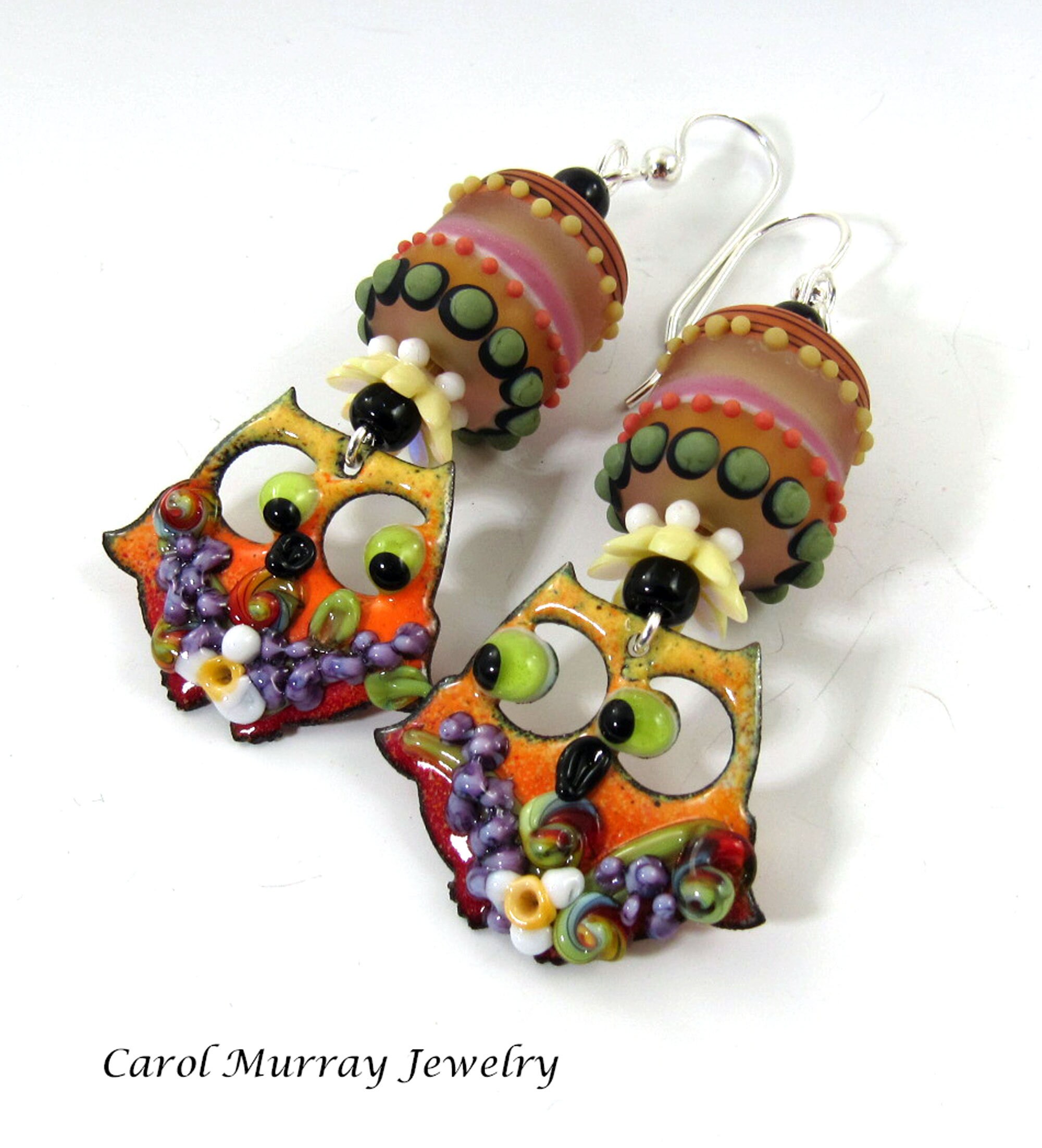 Fashionable Colorful Fancy Owl Earrings Artisan Lampwork Glass Earrings Spring Statement Carol Murra