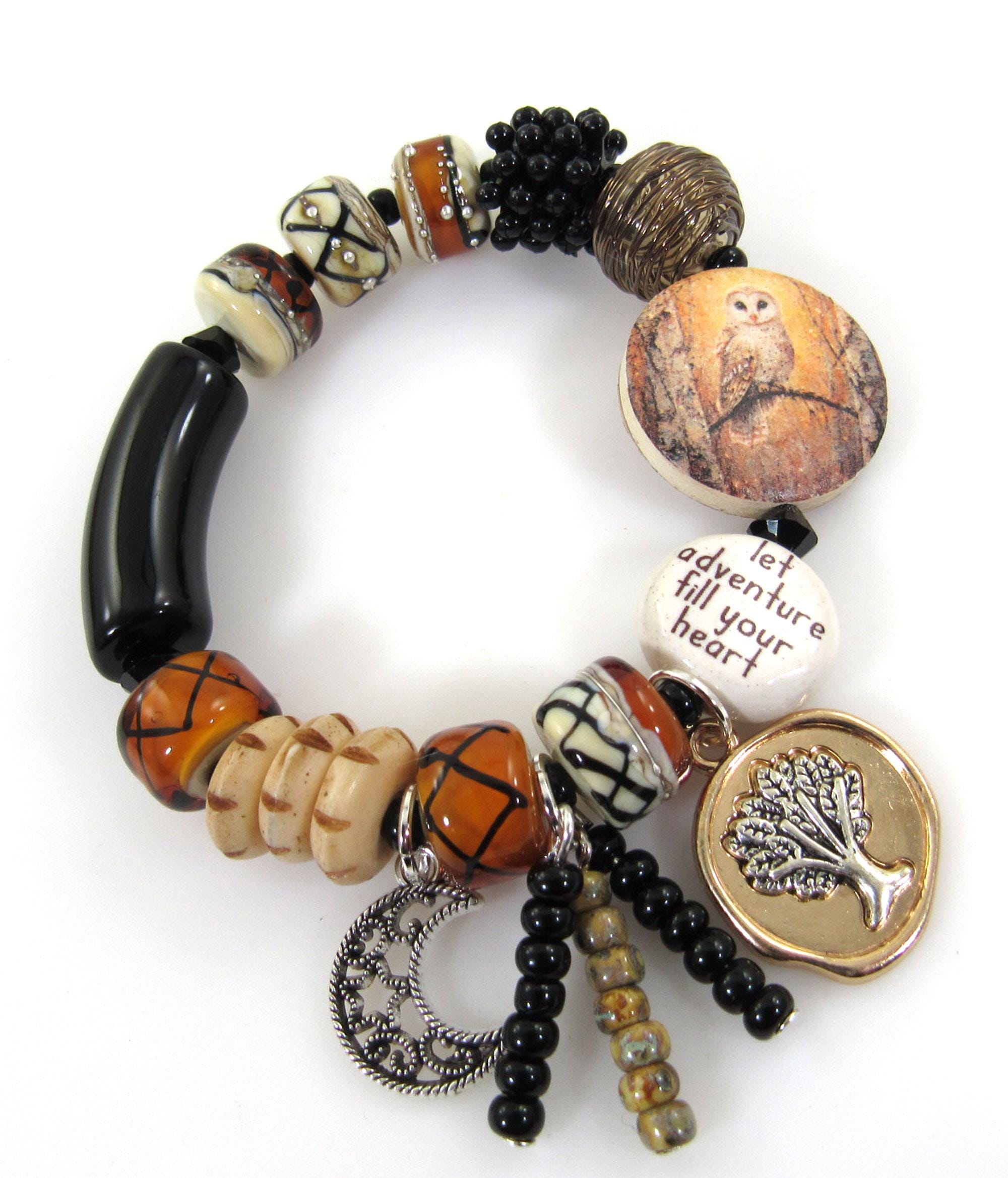 Woodland Owl Bracelet-Let Adventure Fill Your Heart Jewelry-Mixed Media Black, Amber and Ivory Stret