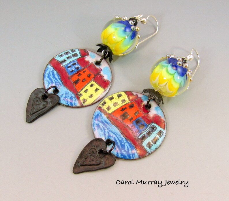 Home is Where the Heart Is Enamel Village Charm Lampwork Glass Artsy Whimsical Carol Murray Jewelry Beaded Earrings ER 287