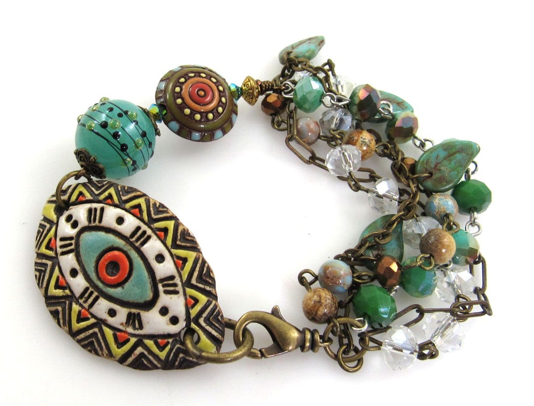 Boho Ceramic Focal Lampwork Glass Chain Bracelet-turquoise Charm