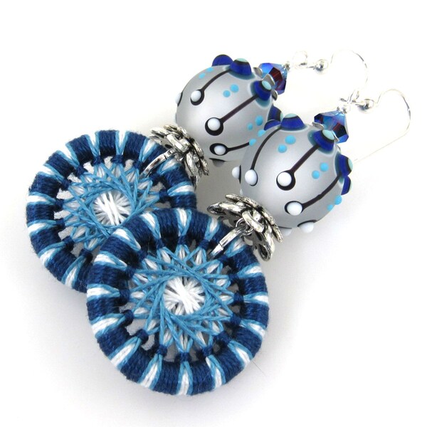 Blue and White Earrings, Woven Button Artisan Lampwork Glass Earrings, Handmade Carol Murray Jewelry Beaded Earrings (ER 201)