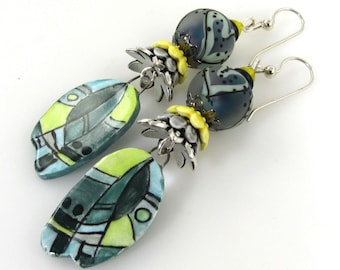 Modern Art Lampwork Glass Earrings, Mosaic Ceramic and Heart Earrings, Handmade Carol Murray Jewelry Beaded Earrings (ER 504)