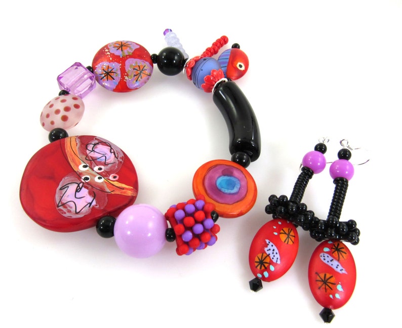 Color Pop Earrings, Hand Painted Beaded Earrings, Boho Earrings, Artsy Earrings, Handmade Carol Murray Jewelry Beaded Earrings ER 133 image 3