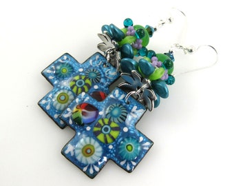 Talavera Cross Earrings, Colorful Enamel and Murrini Earrings, Boho Earrings, Handmade Carol Murray Jewelry Earrings (ER 138)