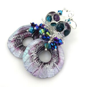 Purple Blossom Earrings, Lampwork Glass Earrings, Crystal Earring, Handmade Polymer Carol Murray Jewelry Beaded Earrings (ER 219)