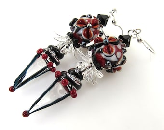 Artisan Lampwork Glass Earrings, Red Black Earrings, Avant Garde Contemporary Earrings, Handmade Carol Murray Jewelry Earrings (ER134)