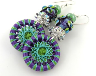 Colorful Woven Button Earrings, Artisan Lampwork Glass Earrings, Purple Green Handmade Carol Murray Jewelry Beaded Earrings (ER 107)