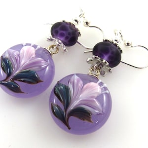 Blossom Earrings, Purple Floral Earrings, Artisan Lampwork Glass Blooms Earrings, Carol Murray Jewelry Beaded Earrings ER351