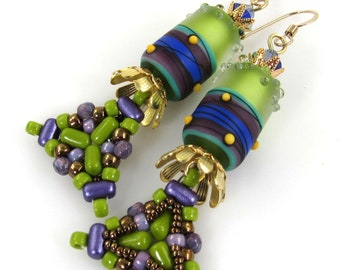 Colorful Artisan Woven Bead and  Lampwork Glass Earrings, Modern Art Earrings, Handmade Carol Murray Jewelry Beaded Earrings (ER 499)