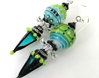 Colorful Artisan Lampwork Glass Earrings, Teal and Green Earrings, Avant Garde Handmade Carol Murray Jewelry Beaded Earrings (ER 131)