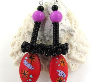 Color Pop Earrings, Hand Painted Beaded Earrings, Boho Earrings, Artsy Earrings, Handmade Carol Murray Jewelry Beaded Earrings (ER 133)