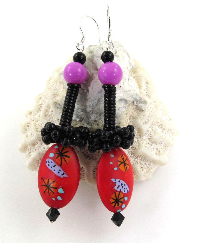 Color Pop Earrings, Hand Painted Beaded Earrings, Boho Earrings, Artsy Earrings, Handmade Carol Murray Jewelry Beaded Earrings ER 133 image 1