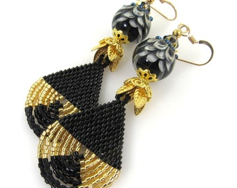 Gold and Black Handwoven Bead Earrings, Artisan Lampwork Glass Earrings, Handmade Couture Carol Murray Jewelry Earrings (ER 151)