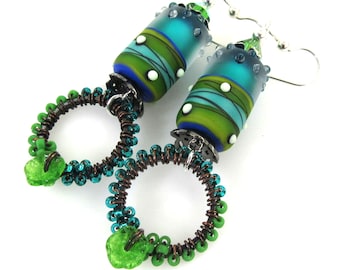 Colorful Artisan Lampwork Glass and Woven Bead Earrings, Blue and Green Earrings, Handmade Carol Murray Jewelry Beaded Earrings (ER 458)