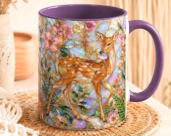 Fawn Stained Glass Mug, Woodland Floral Coffee Cup, Nature Lover Gift