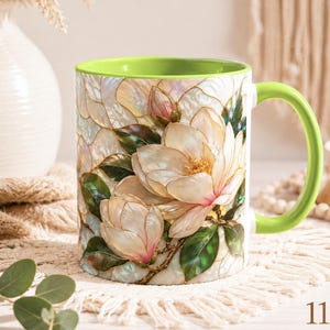 Stained Glass Magnolia Mug, White Floral Coffee Cup, Botanical Nature Gift image 1