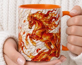 Mug en vitrail Cheval de Feu, Tasse à café Étalon Fantastique, Cadeau Zodiaque 2026