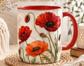 Red Poppy Mug August Birth Flower Cottagecore Botanical Floral Coffee Cup Gift