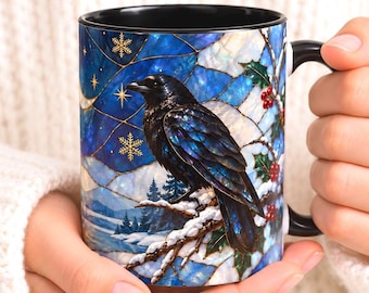 Mug en vitrail Corbeau, tasse à café gothique, cadeau idéal pour les amoureux des oiseaux d'hiver