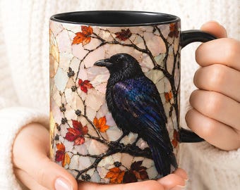 Stained Glass Raven Mug, Moonlit Crow Coffee Cup, Gothic Nature Gift
