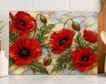 Red Poppy Cutting Board Stained Glass August Birth Flower Botanical Kitchen Housewarming Gift
