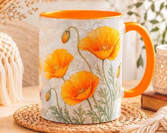 Mug Coquelicot de Californie, Tasse à café en vitrail à motif de fleurs sauvages, Cadeau botanique orange