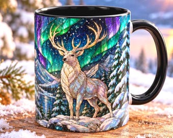 Mug en vitrail Cerf blanc, Tasse à café Cerf aurores boréales, Cadeau Forêt d'hiver