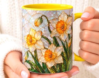 Mug Narcisse, tasse à café en vitrail avec motif de fleur de naissance de décembre, cadeau d'anniversaire