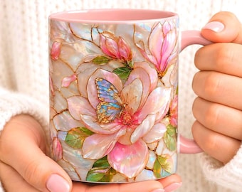 Mug Papillon Magnolia, Mug à Café Rose à Fleurs, Cadeau Botanique
