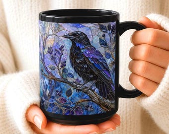Mug en vitrail Corbeau, tasse à café gothique, cadeau pour les amoureux des oiseaux, style Dark Academia