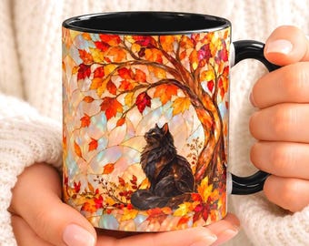 Mug Chat Noir Arbre d'Automne, Tasse à Café Style Vitrail, Cadeau pour les Amoureux des Chats