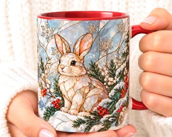 Mug en vitrail Lapin d'hiver, tasse à café Forêt enneigée, cadeau pour les amoureux des lapins