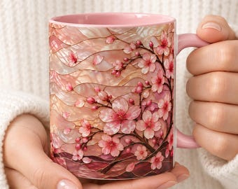 Mug en vitrail à motif de fleurs de cerisier, tasse à café florale Sakura, mug à fleurs roses