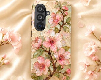 Étui de téléphone en vitrail à motif de fleurs de cerisier, étui floral Sakura, coque opalescente pour iPhone et Samsung
