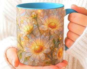 Stained Glass Daisy Mug, April Birth Flower Coffee Cup, Floral Birthday Gift