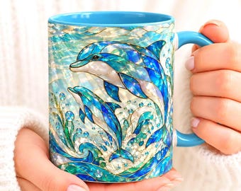 Mug en vitrail dauphin, tasse à café vagues océaniques, cadeau sur le thème marin