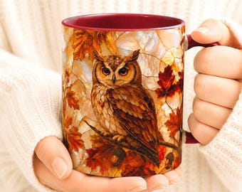 Mug Hibou d'automne, Tasse à café en vitrail à motif de feuilles d'automne, Cadeau Oiseau des bois