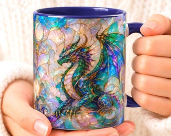 Mug dragon en vitrail, tasse à café fantastique turquoise, cadeau créature mythique