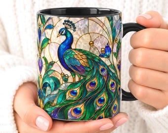 Mug en vitrail Paon, tasse à café colorée Paon, cadeau pour les amoureux des oiseaux