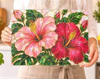 Planche à découper en verre à motif hibiscus, style vitrail, décoration de cuisine tropicale à fleurs.