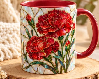 Mug en vitrail à motif œillet rouge, tasse à café avec fleur de naissance de janvier, cadeau floral