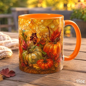 Könnte beinhalten: Ein 312 ml Keramikbecher mit leuchtend orangefarbenem Henkel und Innenraum, verziert mit einem herbstlichen Motiv aus Kürbissen, Beeren und Laub vor einem goldenen, an Buntglas erinnernden Hintergrund mit Wabenmuster.