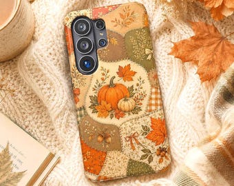 Étui de téléphone patchwork effet automne, motif citrouille d'automne, compatible iPhone 17 et Samsung S26.