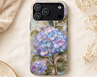 Étui de téléphone en vitrail hortensia, coque magnétique résistante à motif floral bleu, coque opalescente pour iPhone et Samsung